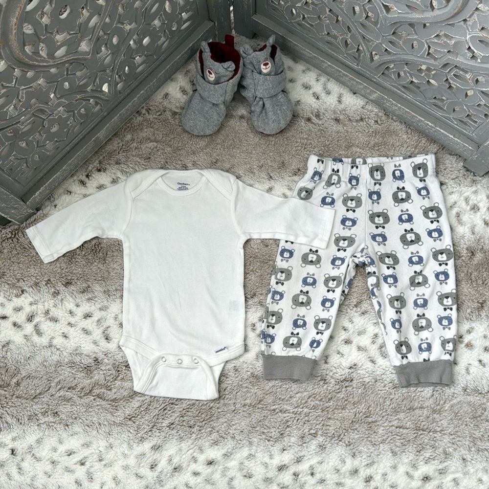 Gerber teddy bear set baby boys 3-6 months preppy holiday onesie pants shoes
